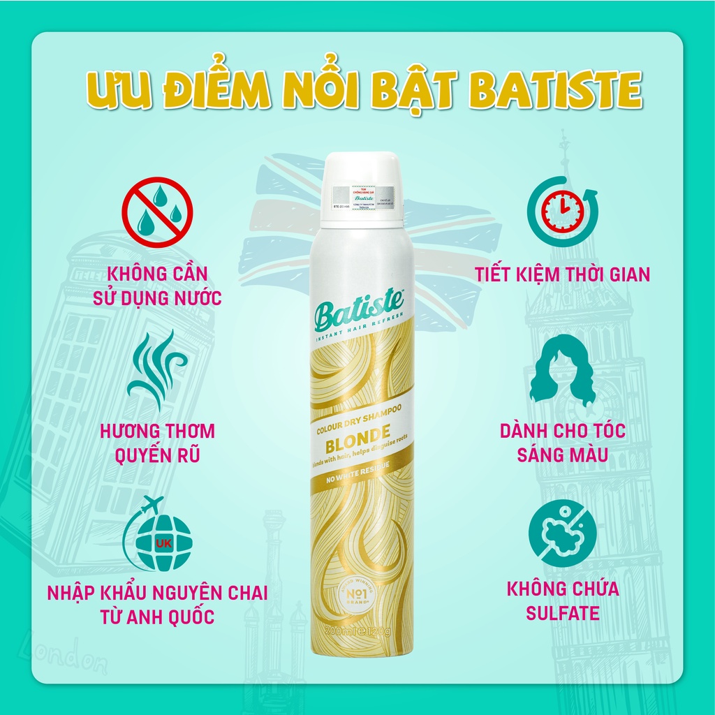 Dầu Gội Khô Dành Cho Tóc Vàng, Tóc Sáng Màu - Batiste Colour Dry Shampoo BLONDE 200ml