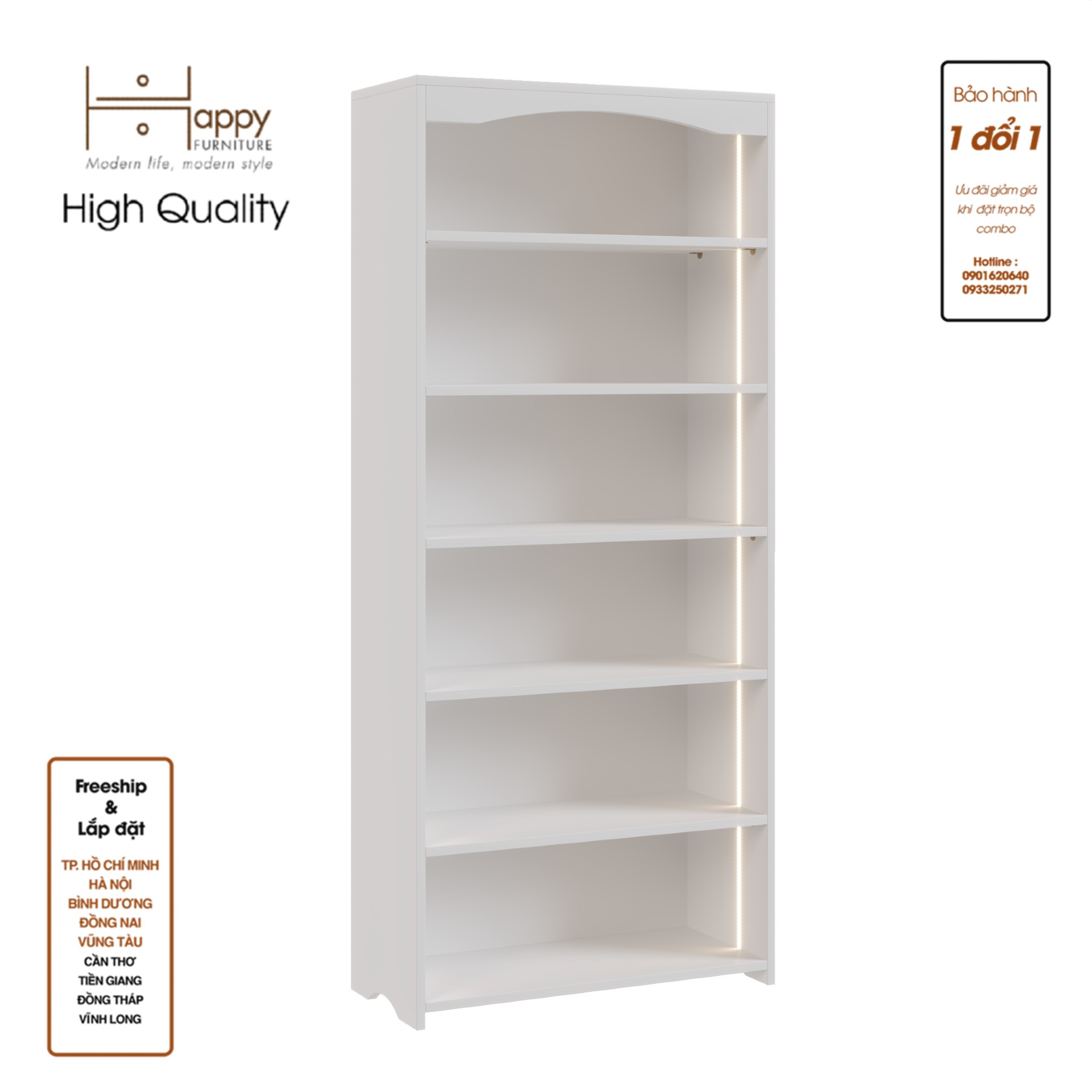 CATY, Kệ sách 6 ngăn tích hợp đèn LED, 70cm x 30cm x 160cm ,KSA_029_LED