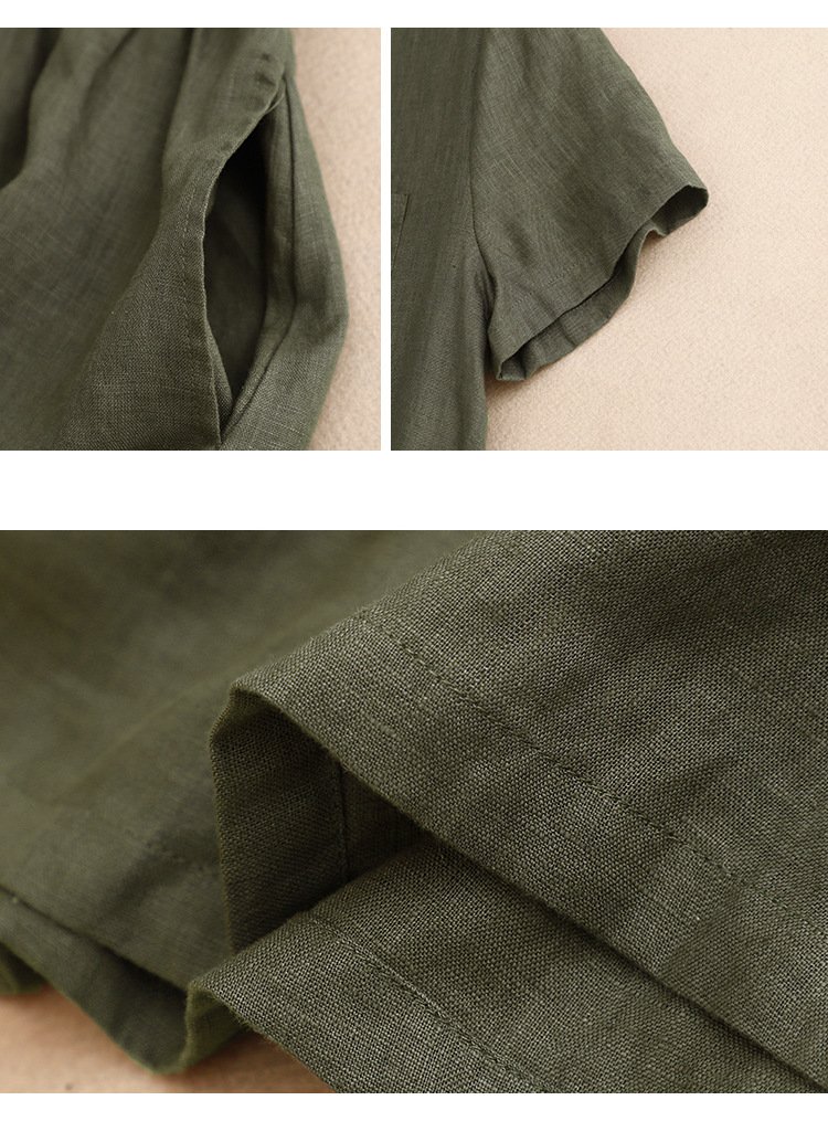 Đầm linen dáng suông cổ V cách điệu, có dây rút bo eo thời trang trẻ trung màu Xanh Rêu D218