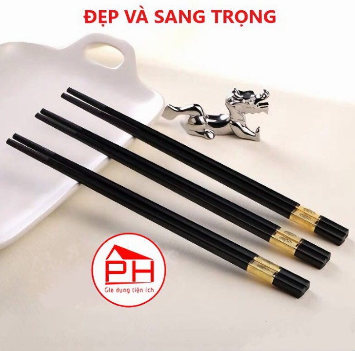 Hộp 10 đôi đũa KG22S kháng khuẩn họa tiết vàng, hợp kim cao cấp Hàn Quốc - Hàng chính hãng