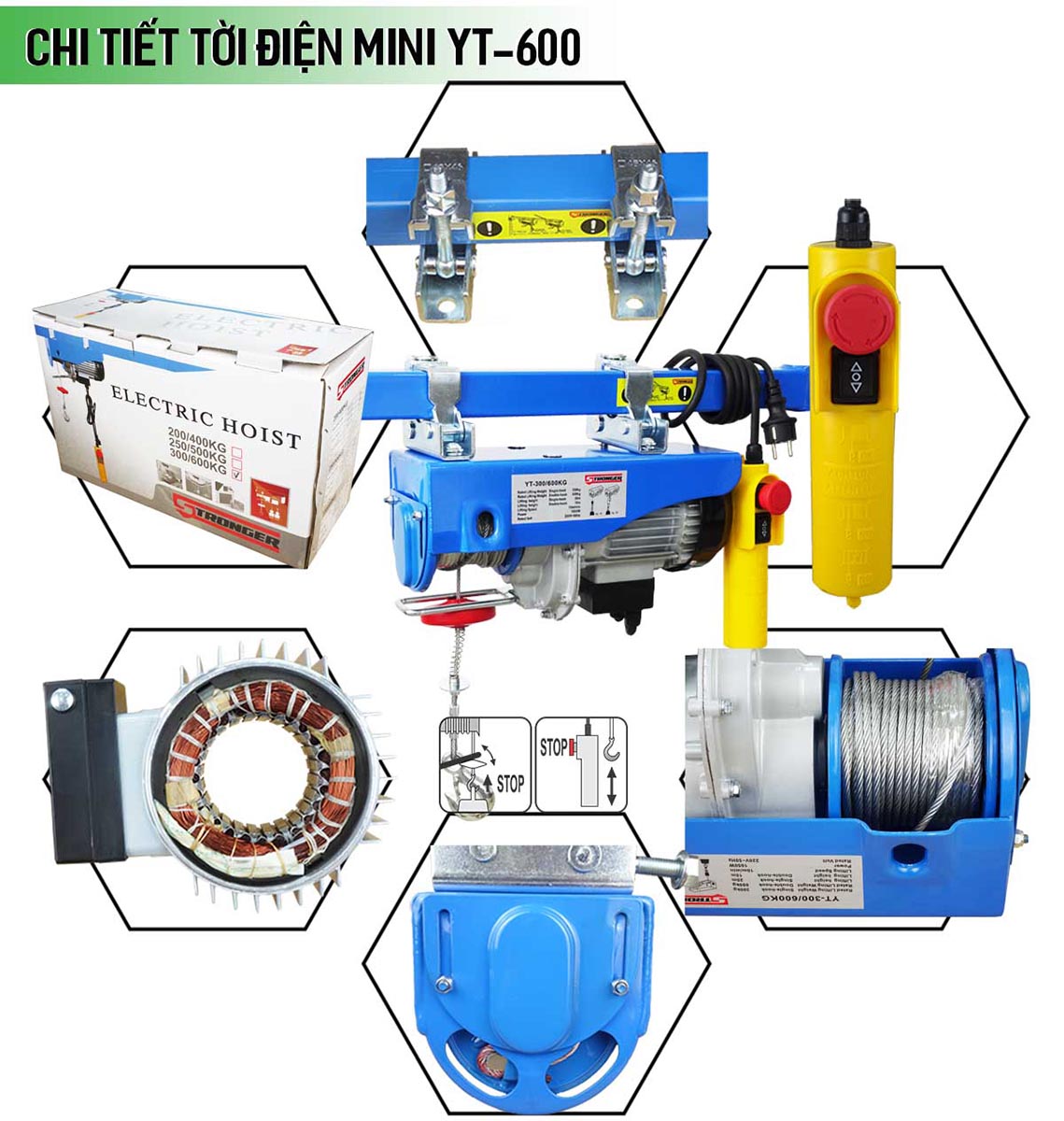 Tời điện treo Stronger YT600, tải cáp đơn 300kg - cáp đôi 600kg - cáp dài 20 mét - tốc độ nâng hạ: 10m/phút và 5m/phút