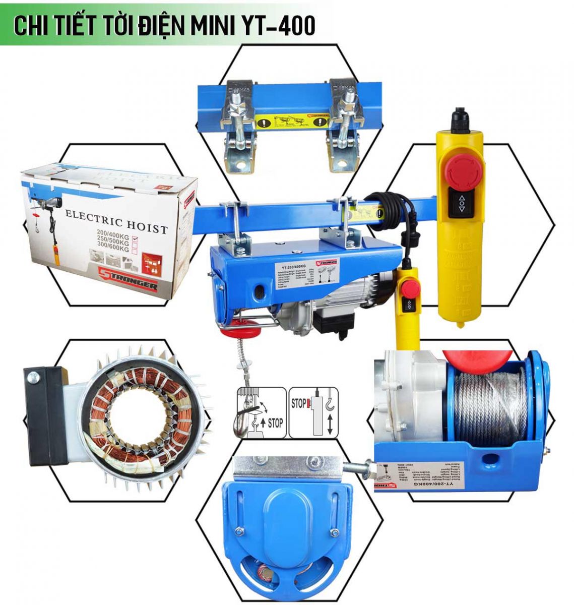 Tời điện treo YT400, tải cáp đơn 200kg - cáp đôi 400kg - cáp dài 20 mét - tốc độ nâng hạ: 10m/phút và 5m/phút