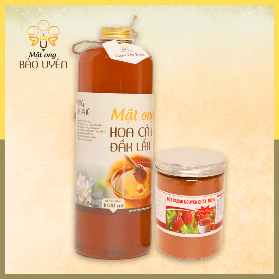 COMBO Mật Ong Nguyên Chất Hoa Cà Phê Bảo Uyên 1 Lít và Bột Ca Cao Dak Lak 350g Giàu Chất Dinh Dưỡng