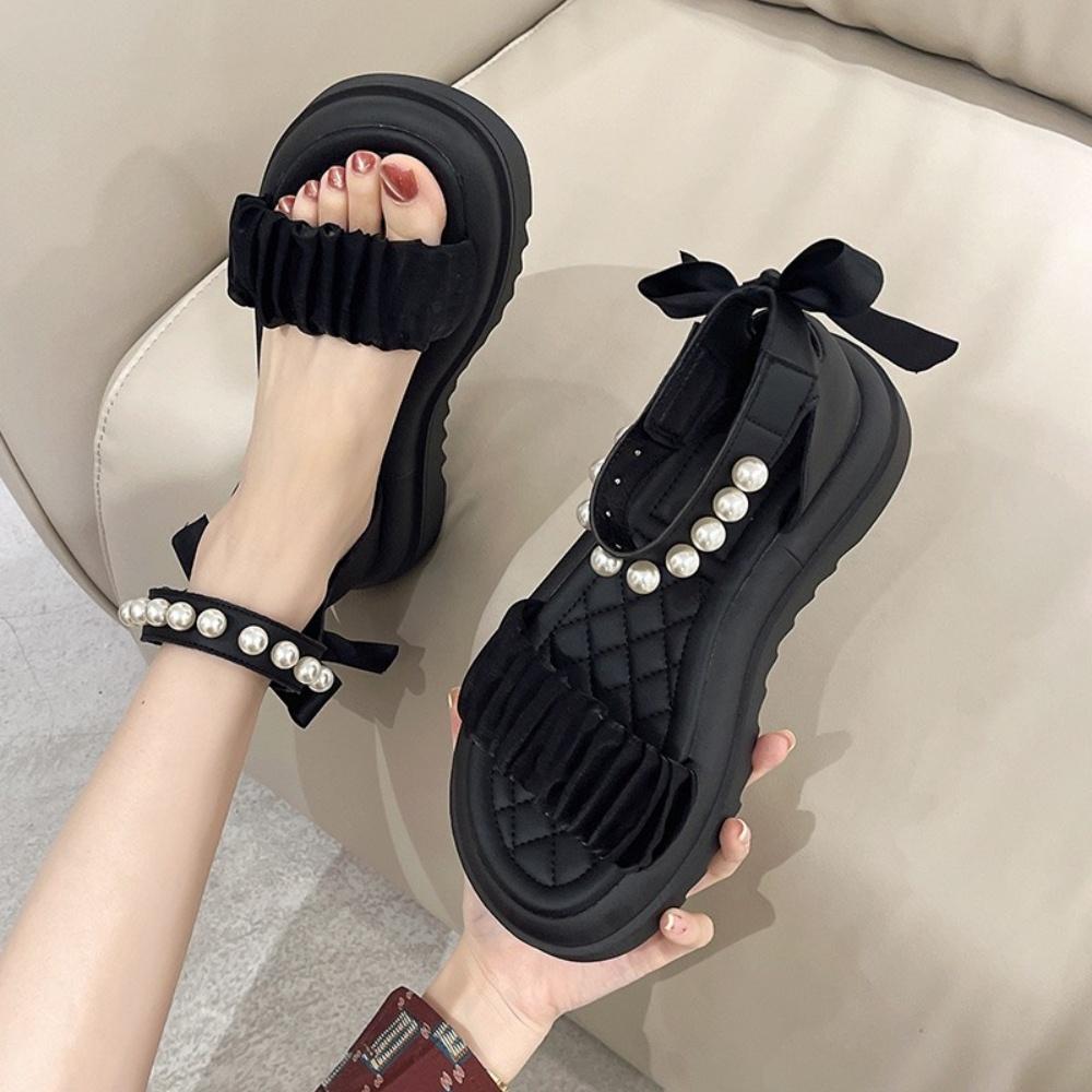 Sandal Nữ MWC 2936 - Sandal Đế Bánh Mì Hack Dáng, Giày Sandal Quai Ngang Nhún Tiểu Thư Phối Hạt Sang Chảnh