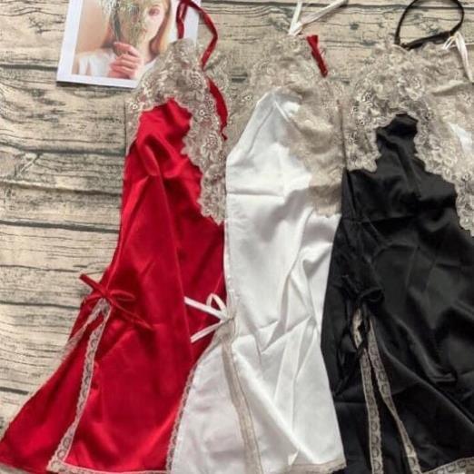 Váy ngủ lụa ren ngực sexy đầm ngủ hai dây xẻ tà hàng nhập cao cấp màu đỏ *
