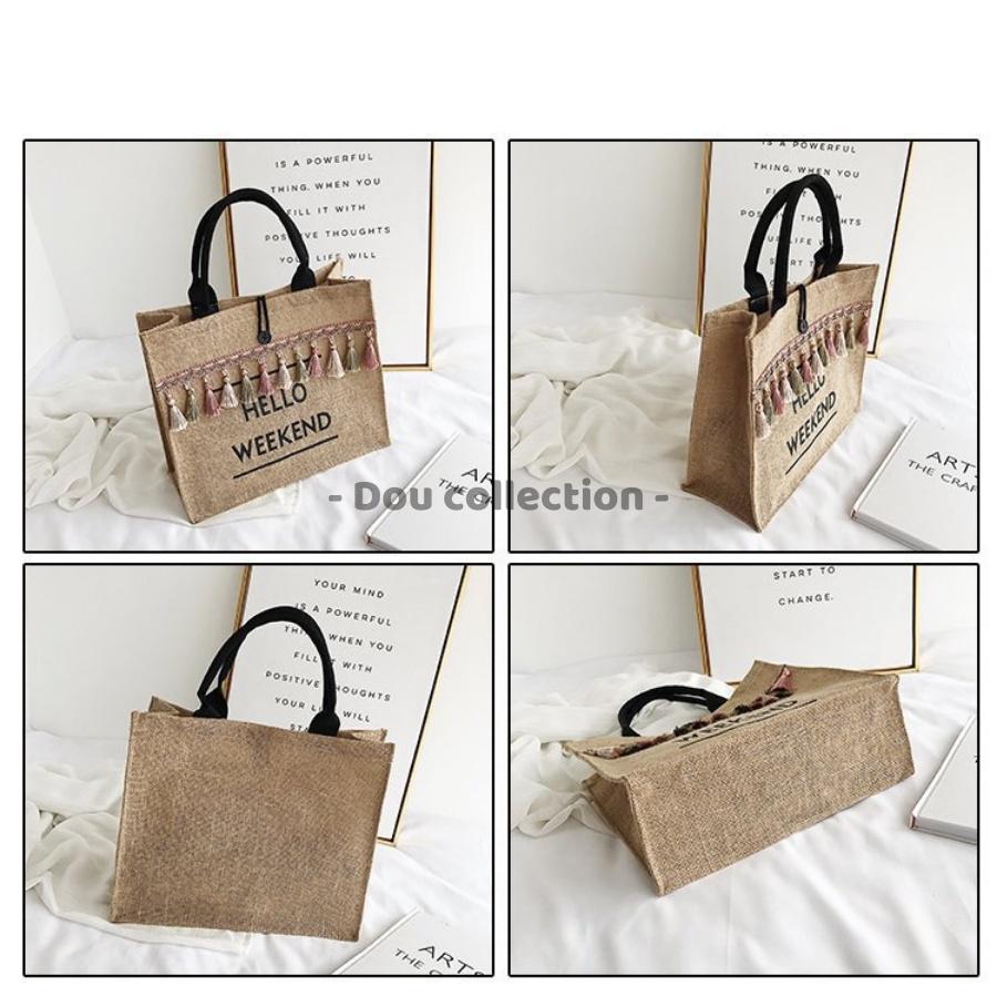 Túi Cói Phối Tua Rua Cao Cấp Loại 1 Form Lớn Đi Biển 2 Lớp Phong Cách Vintage - Mã XT051