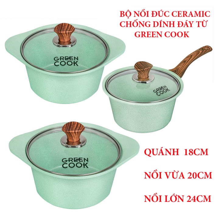 Bộ 2 nồi và 1 quánh đúc đáy từ men chống dính ceramic Greencook màu xanh ngọc và màu hồng gồm quánh size 18cm, nồi 20 và 24cm- hàng chính hãng