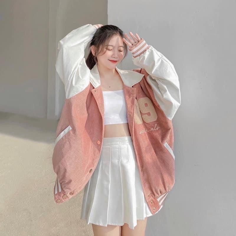 Áo khoác bomber bóng chày cổ sơmi nhung gân 2 lớp thêu số 09 unisex ulzzang nam nữ