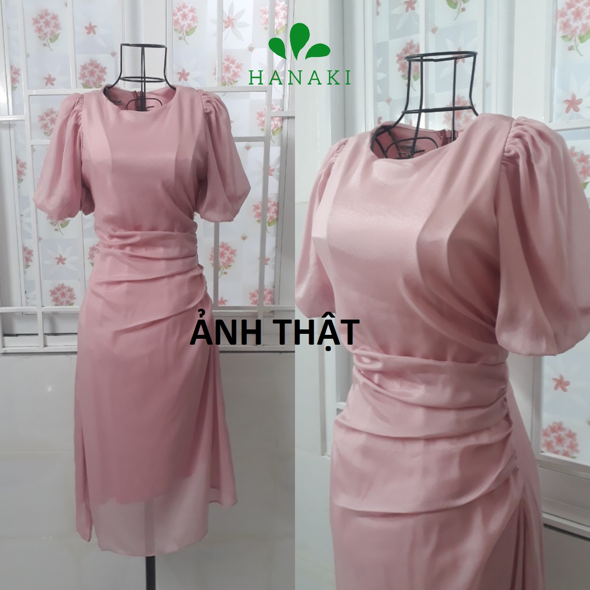 Đầm Dự Tiệc Thiết Kế Tay Phồng Nhún Eo Tôn Dáng Màu Hồng Pastel Sang Trọng Chất Vải Lụa Tằm Cap Cấp Hanaki HNK321