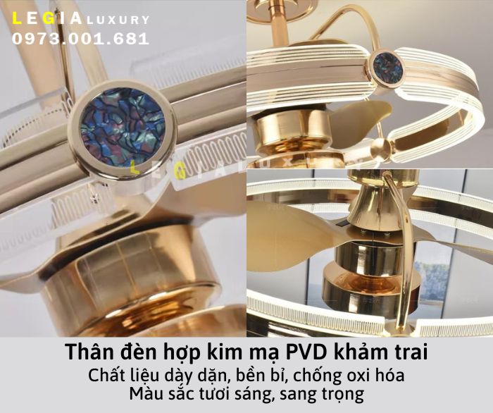 Quạt trần cao cấp LÊ GIA VENUS002 | Quạt trần pha lê luxury trang trí phòng khách | Quạt trần hiện đại có đèn cho spa biệt thự | Quạt trần đèn LED thiết kế sang trọng cao cấp { Hàng Chính Hãng } 