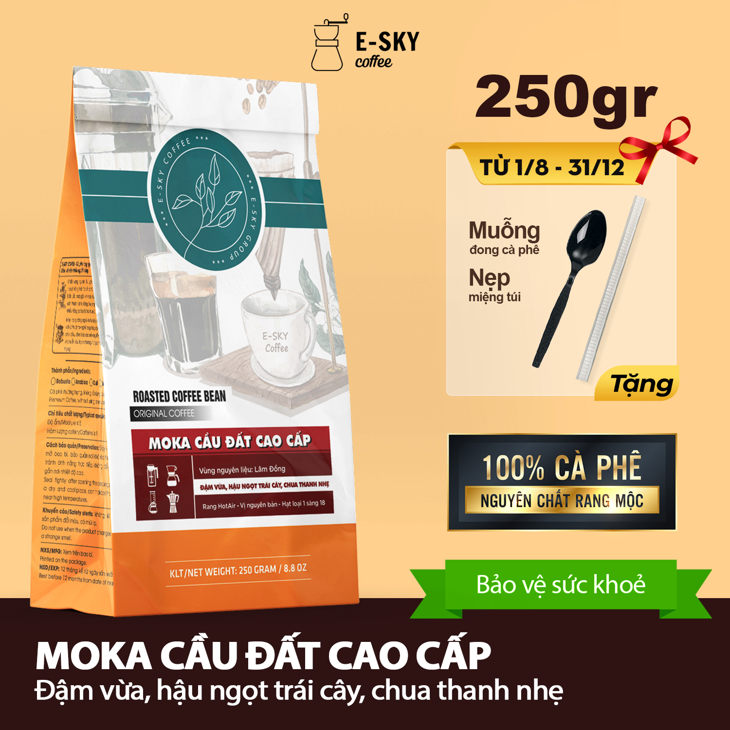 Cà Phê Rang Xay Nguyên Chất Moka Cầu Đất E-SKY Coffee Cafe Pha Phin Pha Máy Cold Brew 250g-500g