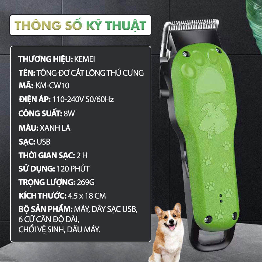 Tông đơ cắt tỉa lông thú cưng Kemei KM-CW10 điều chỉnh 2 mức tốc độ công suất mạnh 8W sạc nhanh USB chuyên nghiệp phù hợp cắt lông chó, mèo