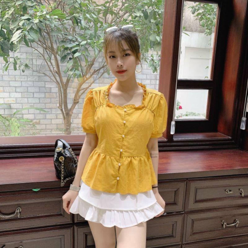 Áo Kiểu Chất Đũi Ngắn Tay _ Thiết Kế Cổ Bèo Vuông Đính Khuy Ngọc Sang Chảnh