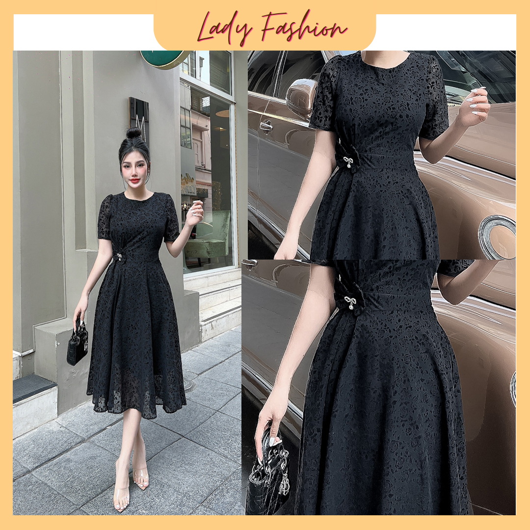 Đầm xòe vol ép nhung phối phụ kiện D063- Lady Fashion