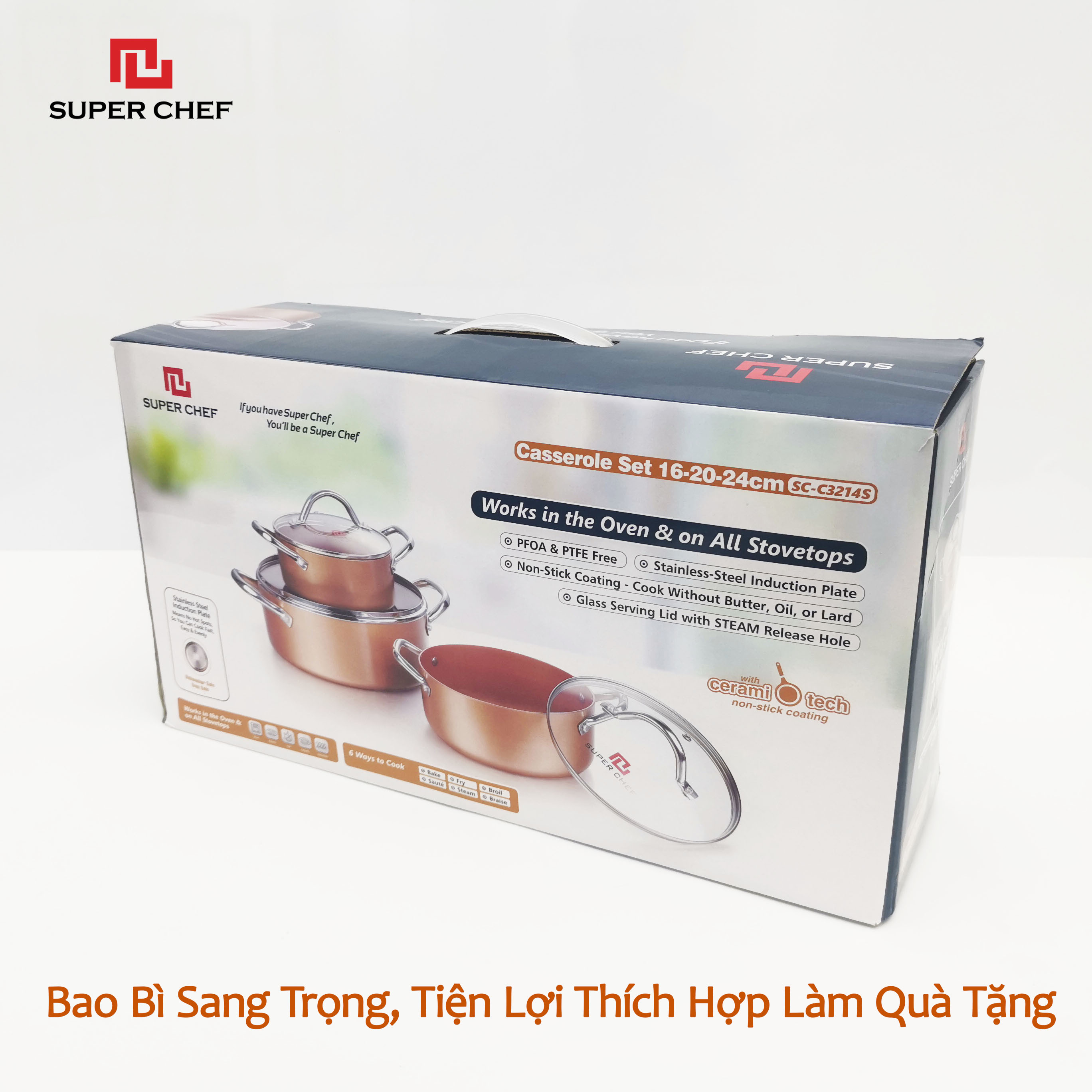 Bộ Nồi Bếp Từ Super Chef Tráng Men Gốm Ceramic Chống Dính An Toàn Sức Khỏe Không Bong Tróc, Hạn Chế Trầy Siêu Bền Bỉ, Dày Dặn Chín Đều Thơm Ngon ( 3 cái 16-20-24Cm)