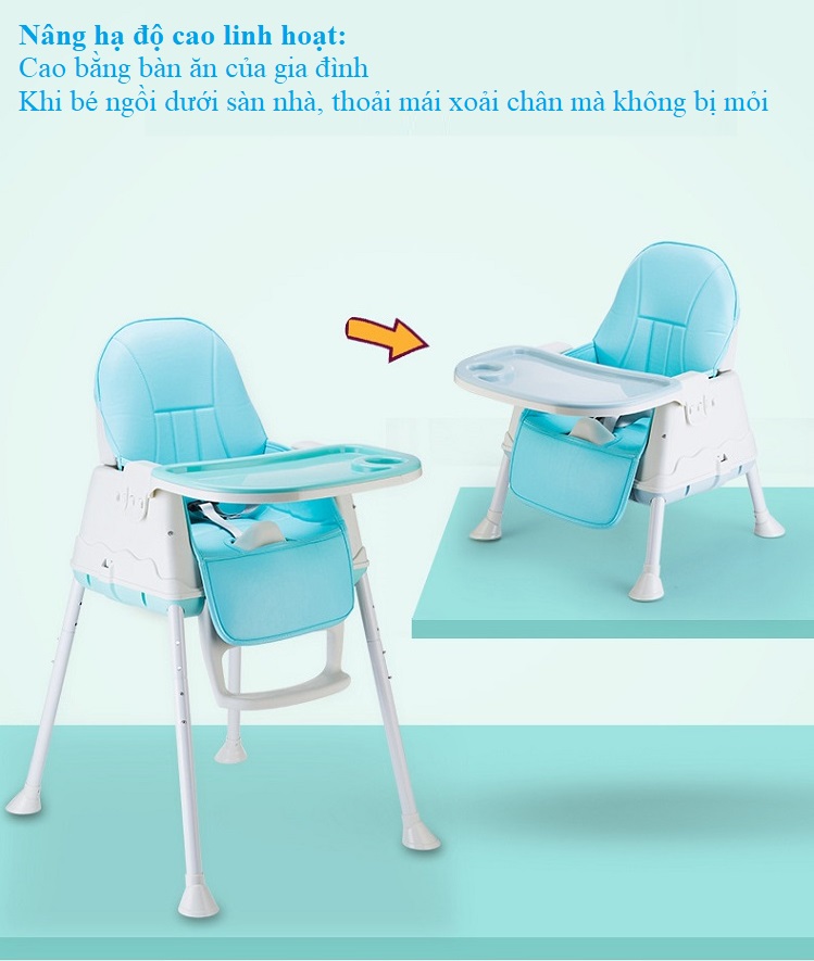 Ghế Ăn Dặm, Ghế Ăn Nâng Hạ Độ Cao Có Nệm Và Bánh Xe - Màu Xanh