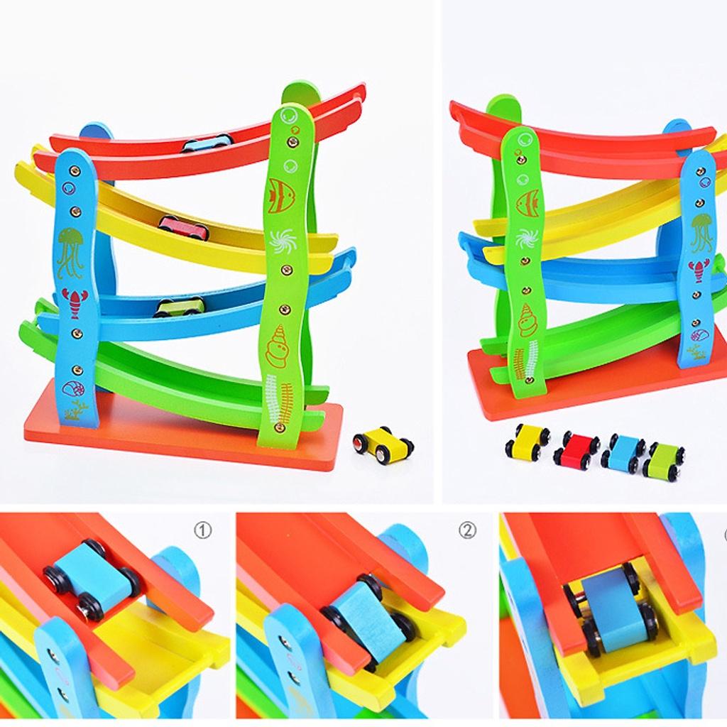 Đồ Chơi Gỗ Xe Cầu Trượt 4 Tầng Kèm 4 Xe Cho Bé - Xe Cầu Trượt Ziczac, Đường Đua Cầu Trượt Quán Tính