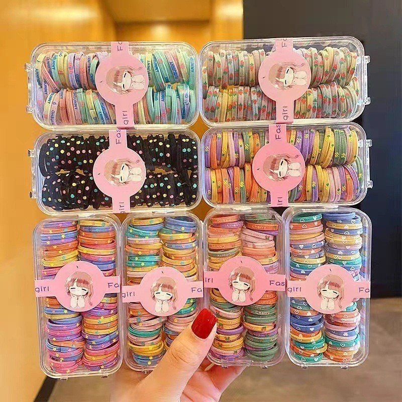 Set 60 dây buộc tóc cao su co giãn cho bé, hộp 60 dây cột tóc cho bé gái