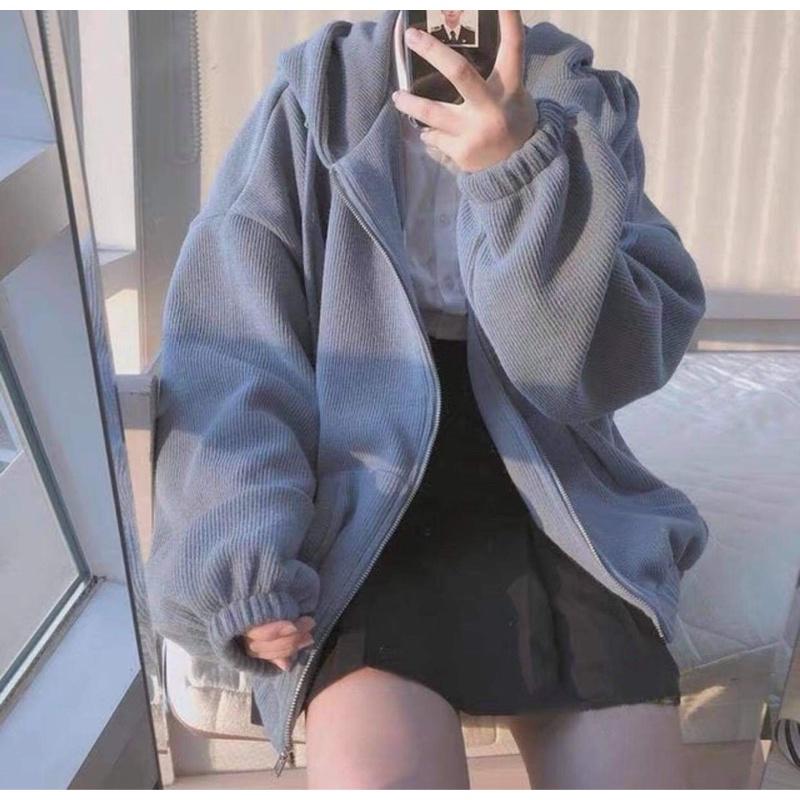 Áo Khoác Hoodie Nỉ Unisex Áo tay bồng khóa kéo có mũ ulzzang màu Xanh | Xám nam nữ HOT