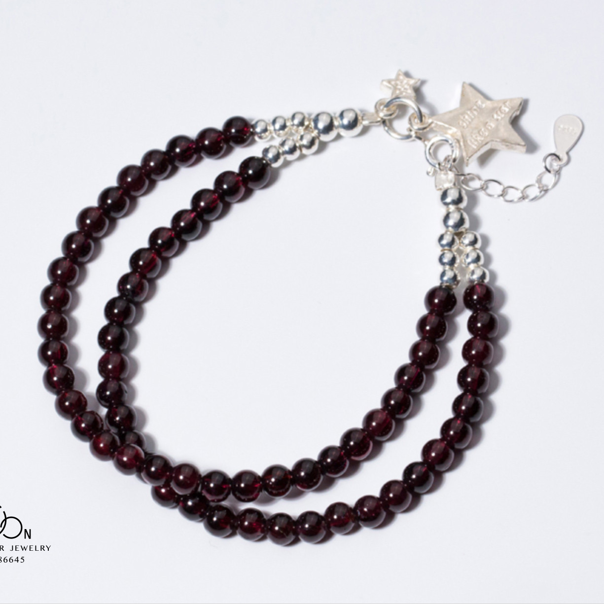 Vòng tay đá garnet kép kết hợp charm sao bạc