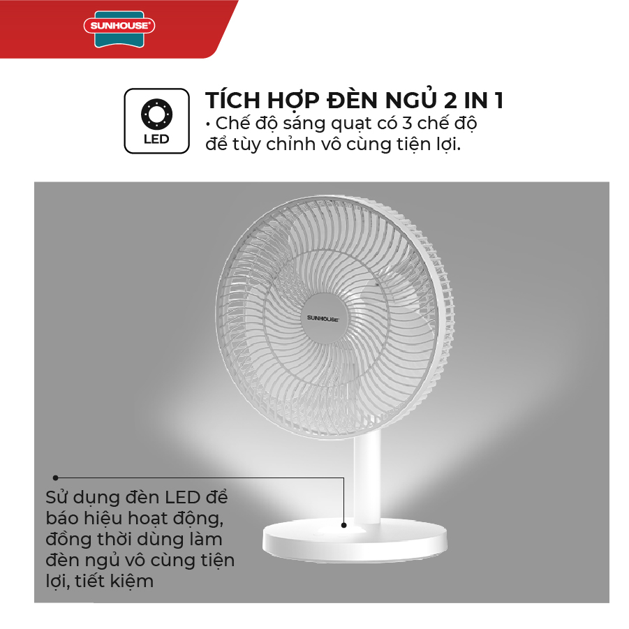 Quạt Sạc Tích Điện Sunhouse SHD7115 - Hàng Chính Hãng