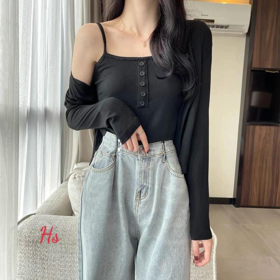 Set Áo Cardigan Kèm Áo 2 Dây Hàng Cúc Giữa, Bộ Áo Dài Tay Nữ Cotton 4 Màu