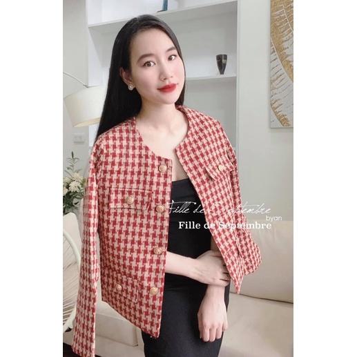 Áo khoác dạ tweed đỏ khuy vàng hàng QC