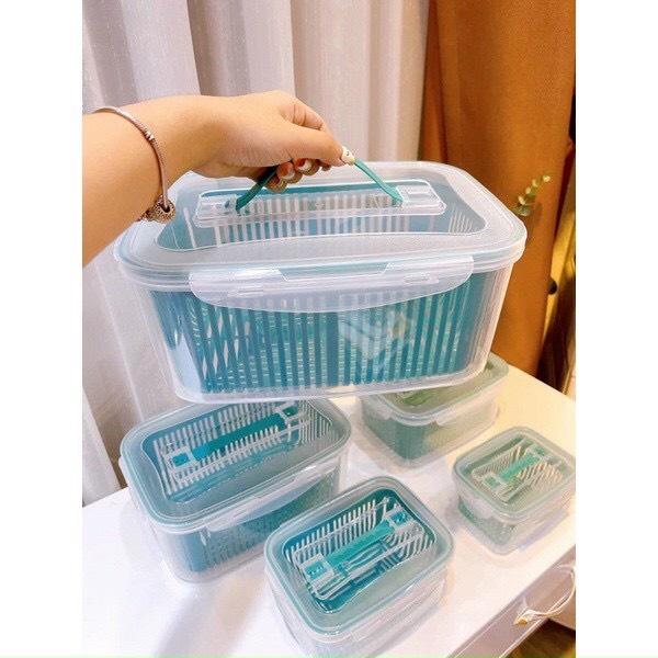 HỘP ĐỰNG THỰC PHẨM TỦ LẠNH - Set 5 hộp đựng thực phẩm tủ lạnh kèm rổ ráo nước đa năng cao cấp