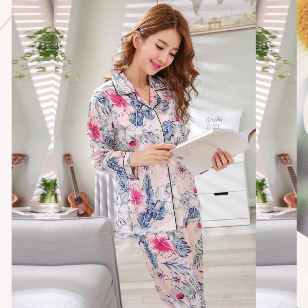 Bộ đồ ngủ pijama nữ lụa cotton thời trang – Pijama lụa hoạ tiết hoa lá siêu đẹp B55