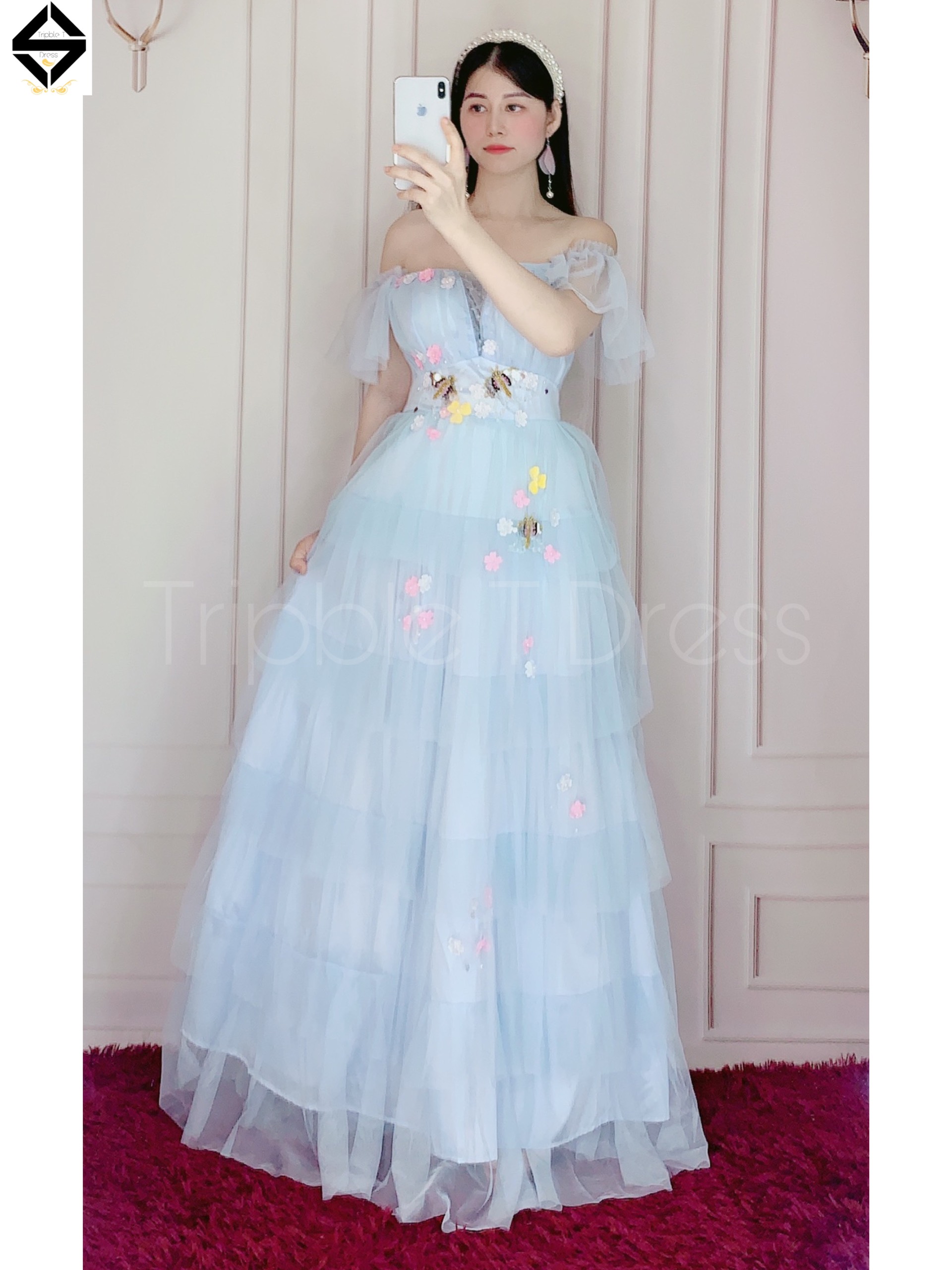 Đầm maxi bẹt vai xếp tầng kết cườm hình bướm TRIPBLE T DRESS - size M/L - MS312V