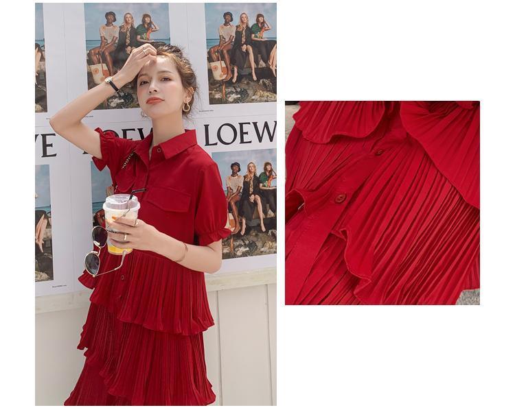 SHUANGYAN Blue Sea Yueno Fairy Mori Dress Platterone váy mối tình đầu màu đỏ 2023 mùa hè khí chất bánh váy chiffon đầm