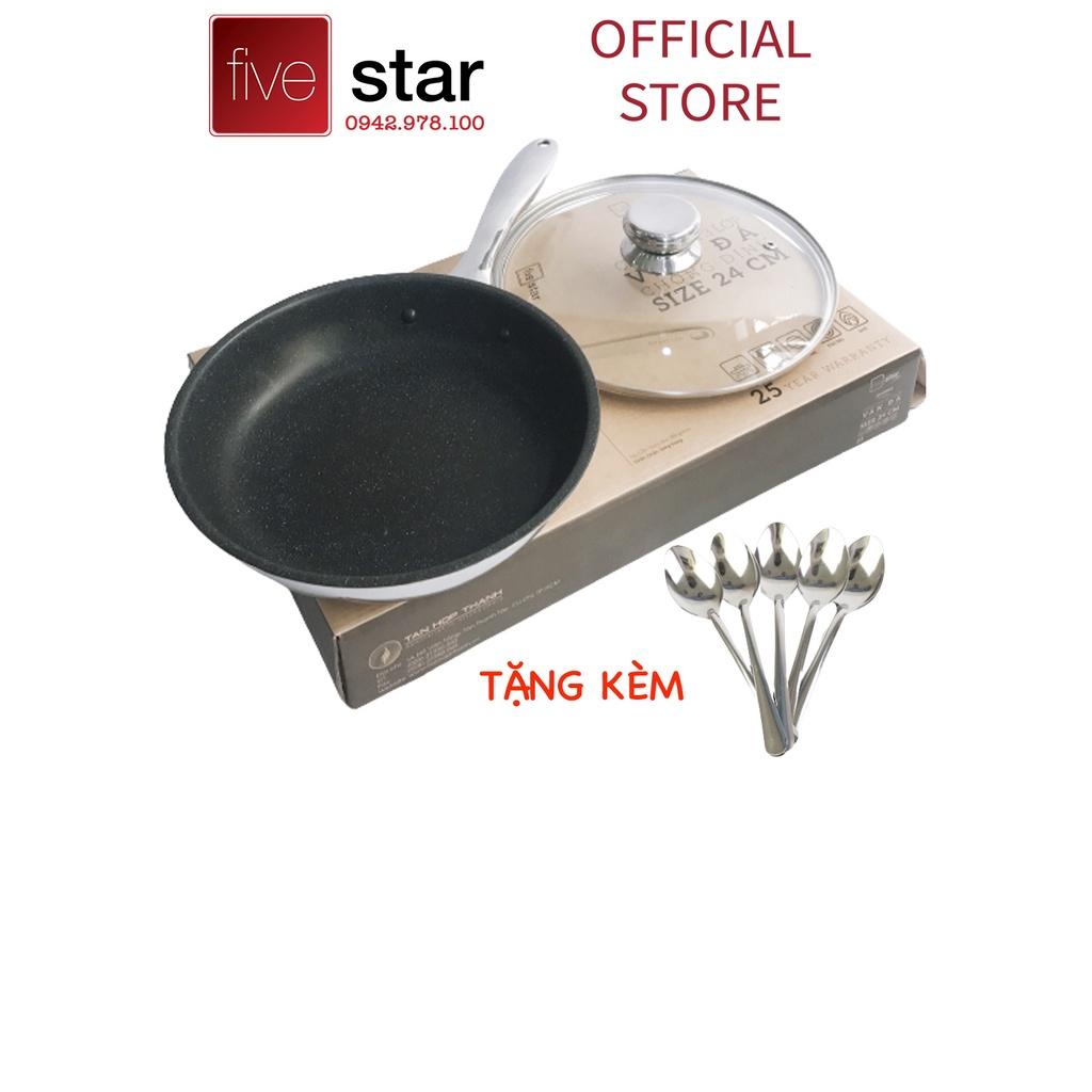 Chảo chống dính vân đá 3 lớp đáy liền inox 304 cao cấp Fivestar Plus có nắp kính (22cm/24cm/26cm/28cm), tặng 5 muỗng ăn