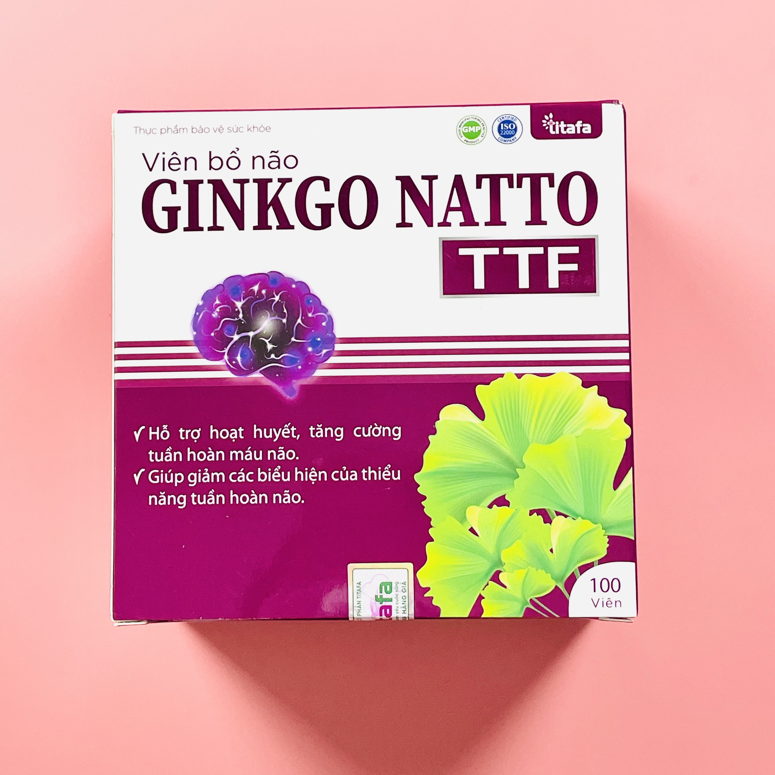 Viên uống Bổ Não GINKGO NATTO TTF (Hộp 100 viên) - Hỗ trợ hoạt huyết, tuần hoàn máu não, đau đầu, mất ngủ, lo âu [Chính hãng TITAFA]