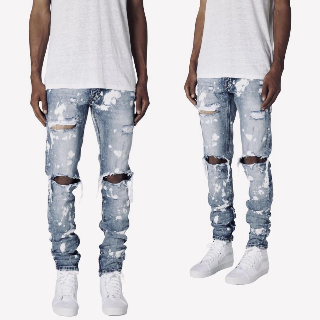 Quần Jean Nam The Luyn Black Màu Xanh Indigo Rách Gối Phối Đốm Trắng Phong Cách Streetwear Bụi Bặm