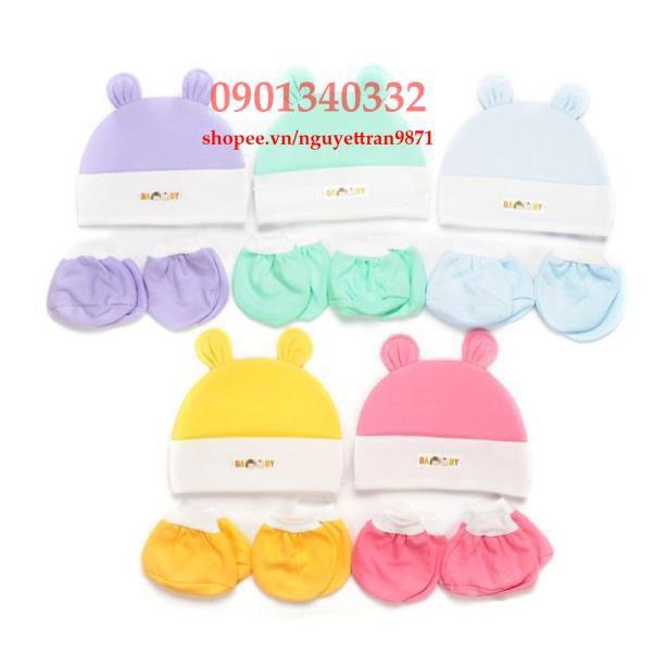 Set 5 bộ nón kèm bao tay chân màu bé sơ sinh
