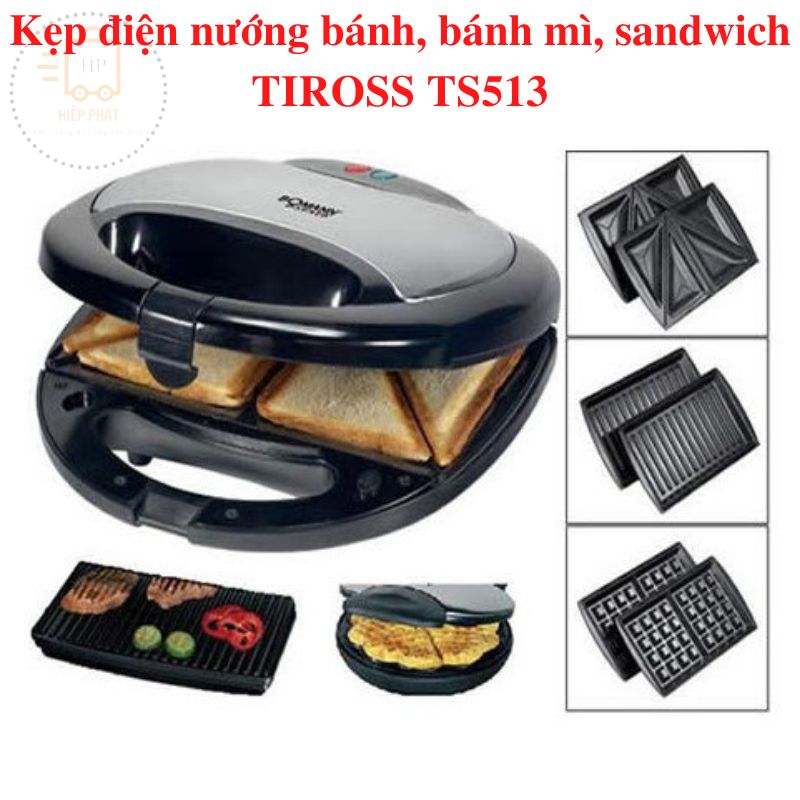 Kẹp Điện Nướng Bánh Mì, Sandwich, Hotdog, Bánh Waffle 3 Trong 1 TIROSS TS513, công suất 750W, Thương Hiệu Ba Lan - Hàng chính hãng