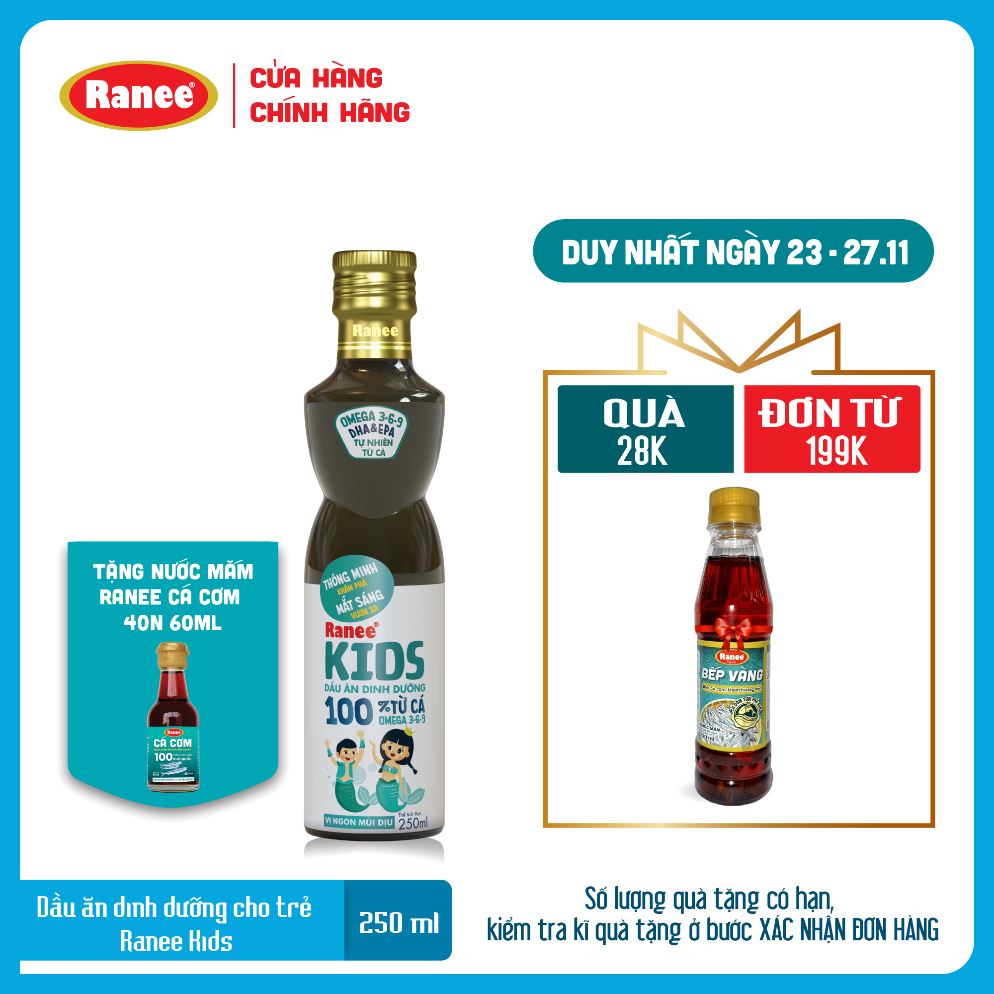 Dầu ăn dinh dưỡng cho bé 100% từ cá Ranee Kids 250 ml + Tặng kèm nước mắm Ranee cá cơm dinh dưỡng 60ml