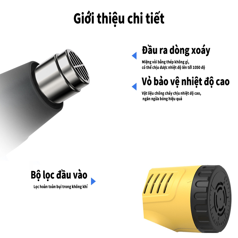 Máy khò nhiệt 200W Hai nấc điều chỉnh 300 600 độ Khò nóng nhanh chóng kiểm soát nhiệt độ tốt,gọn gàng giúp cho việc cầm nắm sử dụng trở nên đơn giản và không gây mỏi tay. 