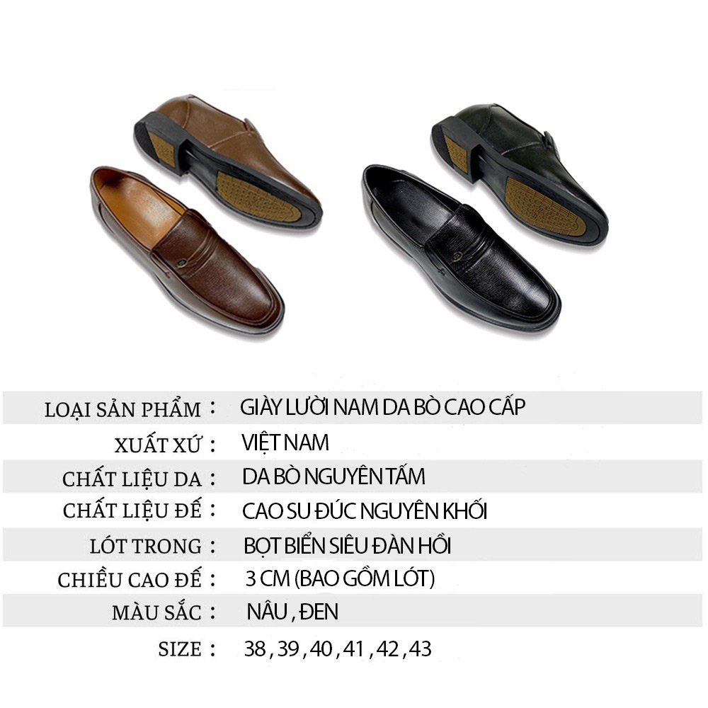 Giày Lười Nam Trung Niên Da Bò Thật Cao Cấp Đế Khâu Tăng Chiều Cao 3.5 cm Làm Quà Tặng Bố