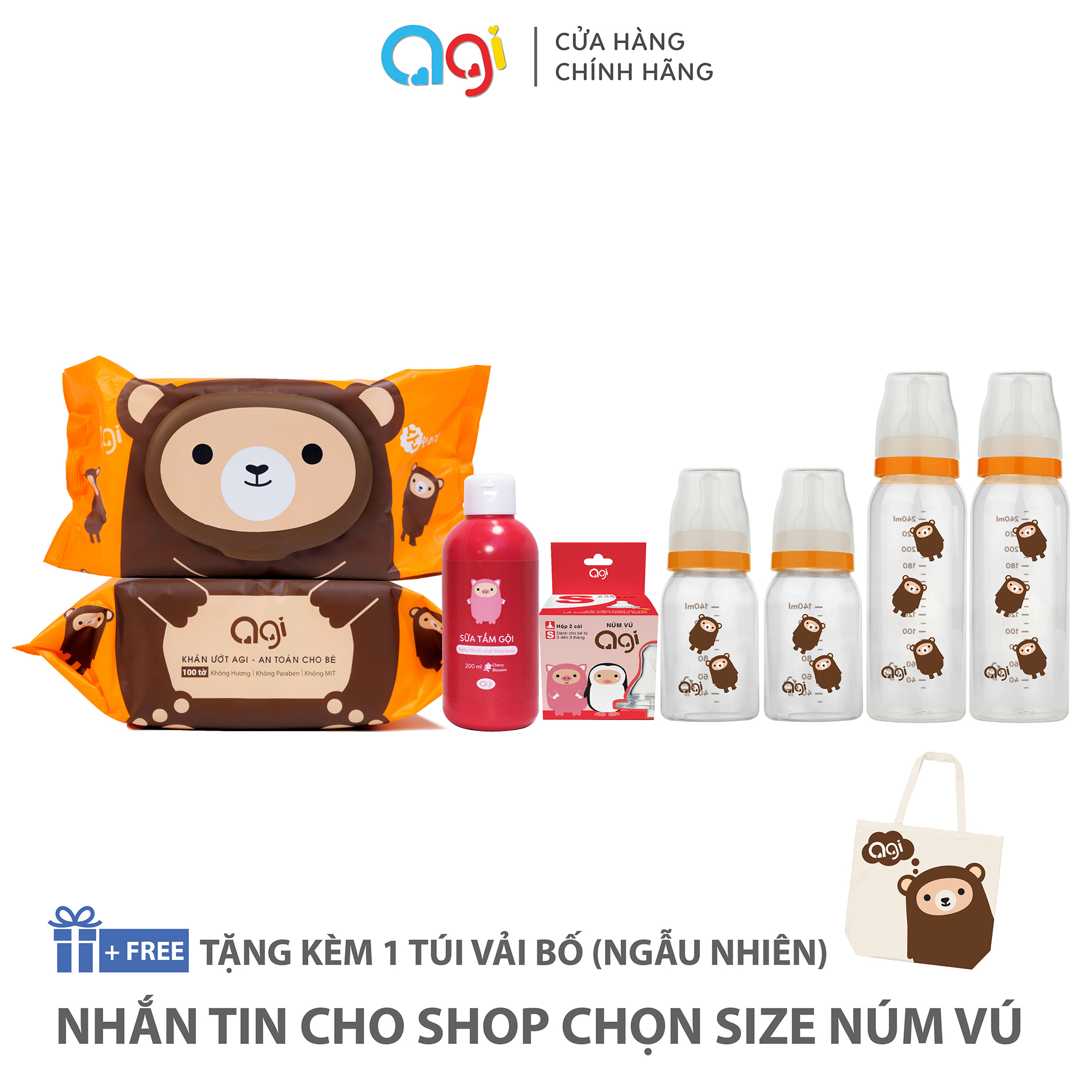 Combo 9 món đa dạng Agi ( Bình sữa, sữa tắm, khăn ướt giao ngẫu nhiên, Núm vú nhắn tin cho shop để chọn size )