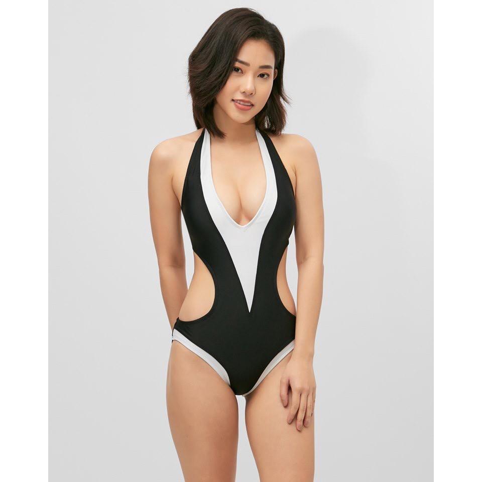 Bikini, Đồ Bơi Đi Biển Một Mảnh Thân Liền Trắng Đen Khoec Eo KG00720