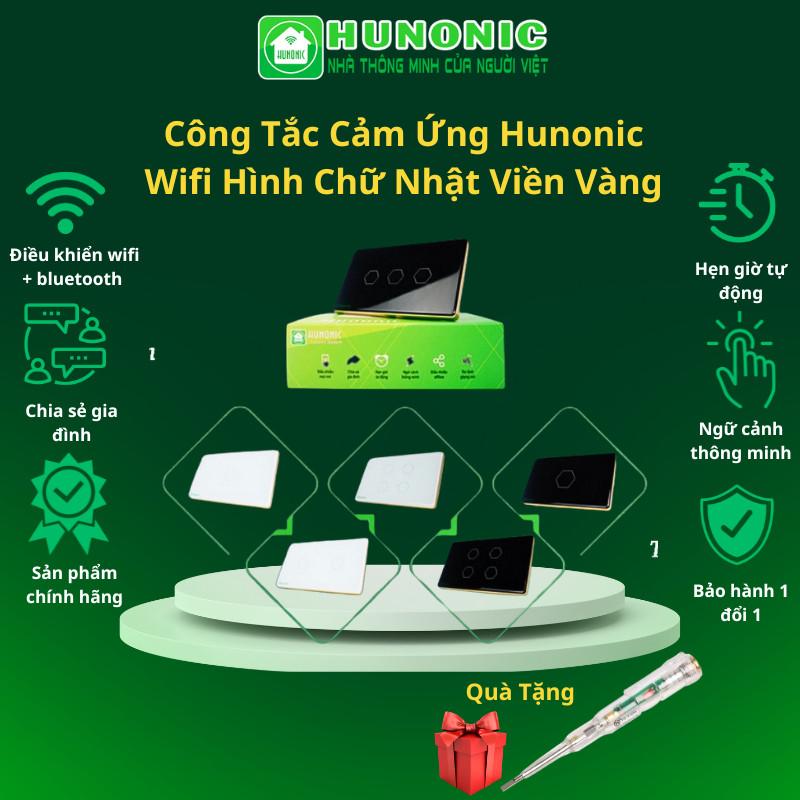 Công Tắc Cảm Ứng Hunonic Wifi Hình Chữ Nhật Viền Vàng, Công Tắc Thông Minh Wifi Điều Khiển Từ Xa Bằng Điện Thoại