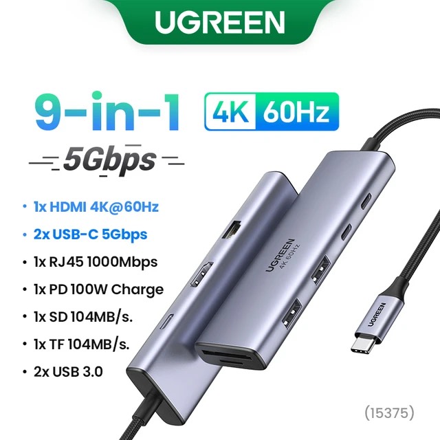 Hub USB-C 9 in 1 Ugreen 15375 CM498 HDMI 4K 60Hz, RJ45 1Gbps, USB 3.0, SD TF with PD 100W hàng chính hãng