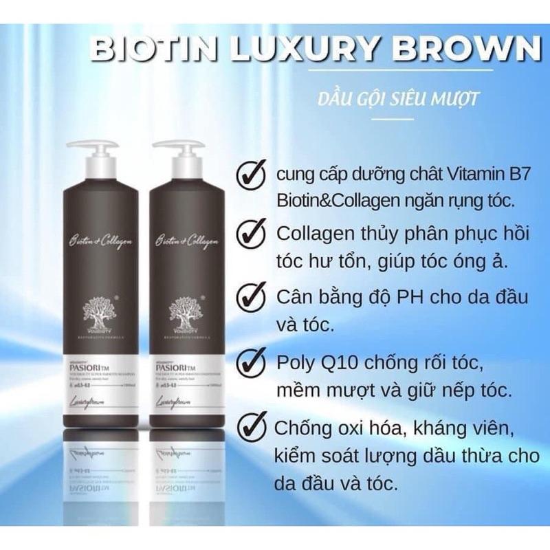 Bộ dầu gội xả Biotin Collagen Nâu Pasiori TM Luxury Brown Phục hồi siêu mượt giảm rụng tóc 1000ml
