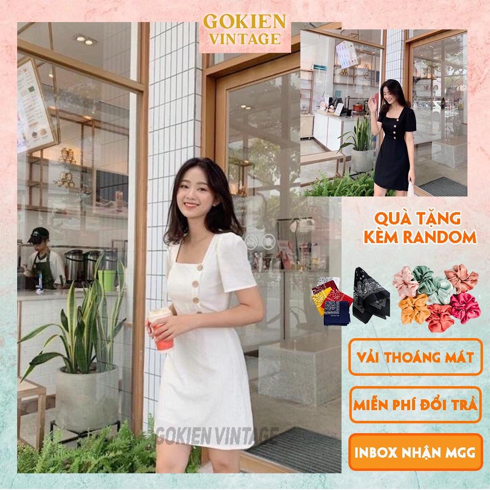 Váy chữ A cổ vuông phối nút gỗ Basic phong cách Hàn Quốc, Gokien Vintage