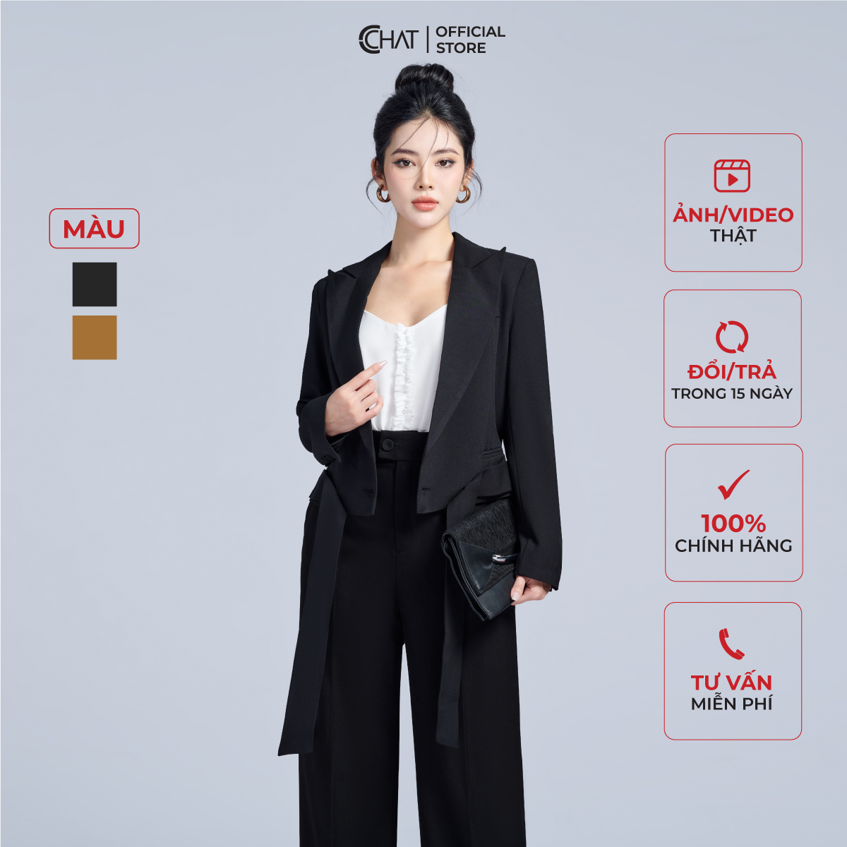 Áo Blazer Nữ Kiểu Ngắn Cạp Rời Cổ Ve Chất Tuytsi Cao Cấp Mềm Mịn 22EHS2015ST