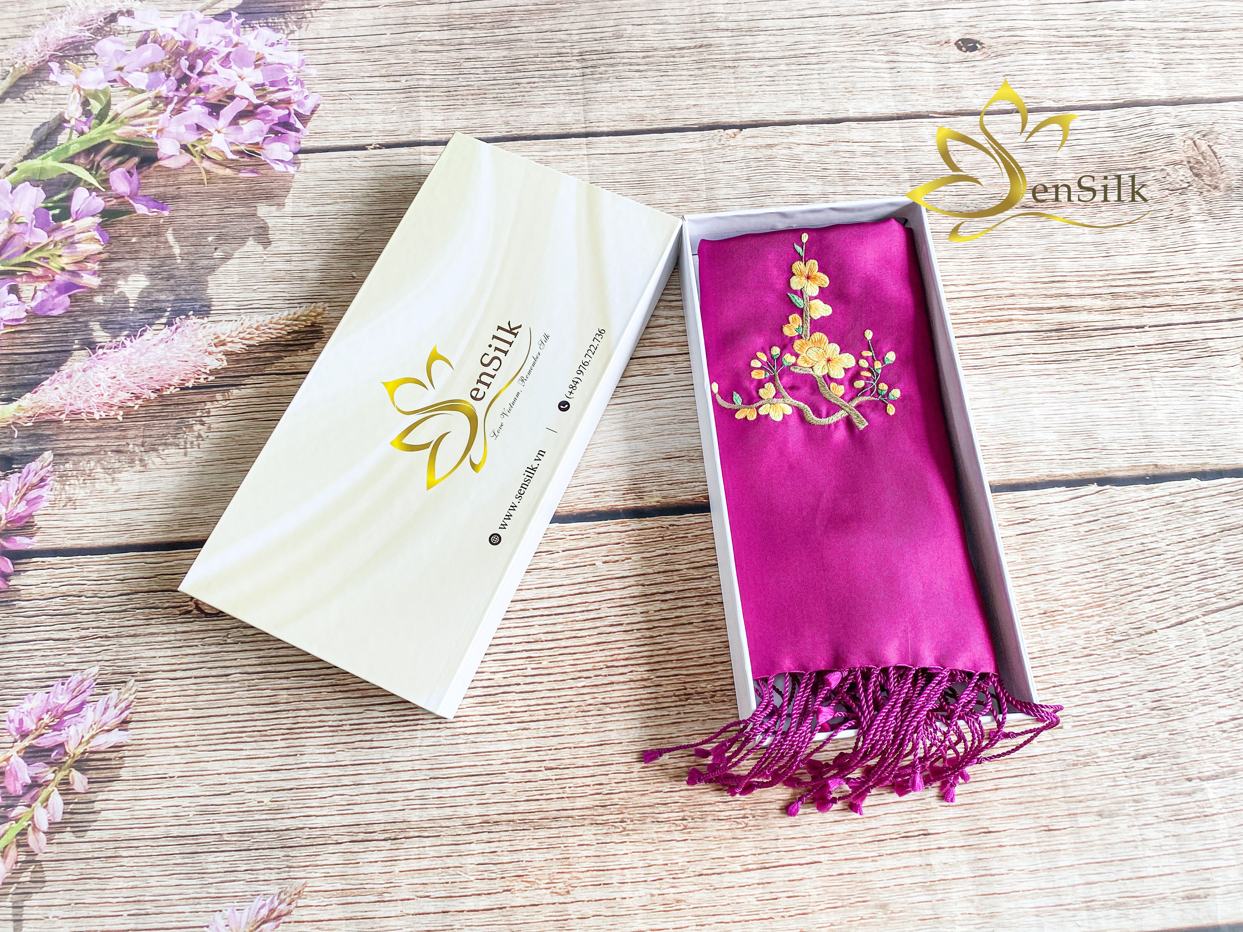 Khăn Lụa Thủ Công Thêu Tay Hoa Mai SenSilk 200x55cm, Quà Tặng May Mắn, Silk Embroidery Scarves