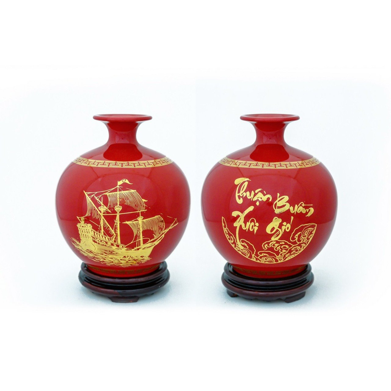 Bình Hút Lộc Gốm Sứ Đỏ Vẽ Vàng - Thuận Buồm Xuôi Gió - S2 - Mx - cao 30cm