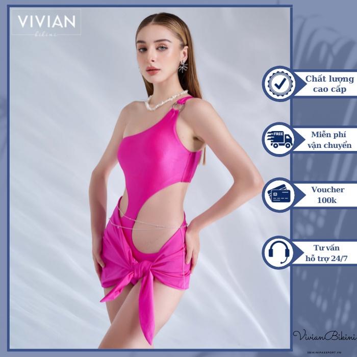 Đồ bơi nữ cao cấp  dạng một mảnh lệch vai cutout & phối váy cover cách điệu - Hồng - VS175_PK
