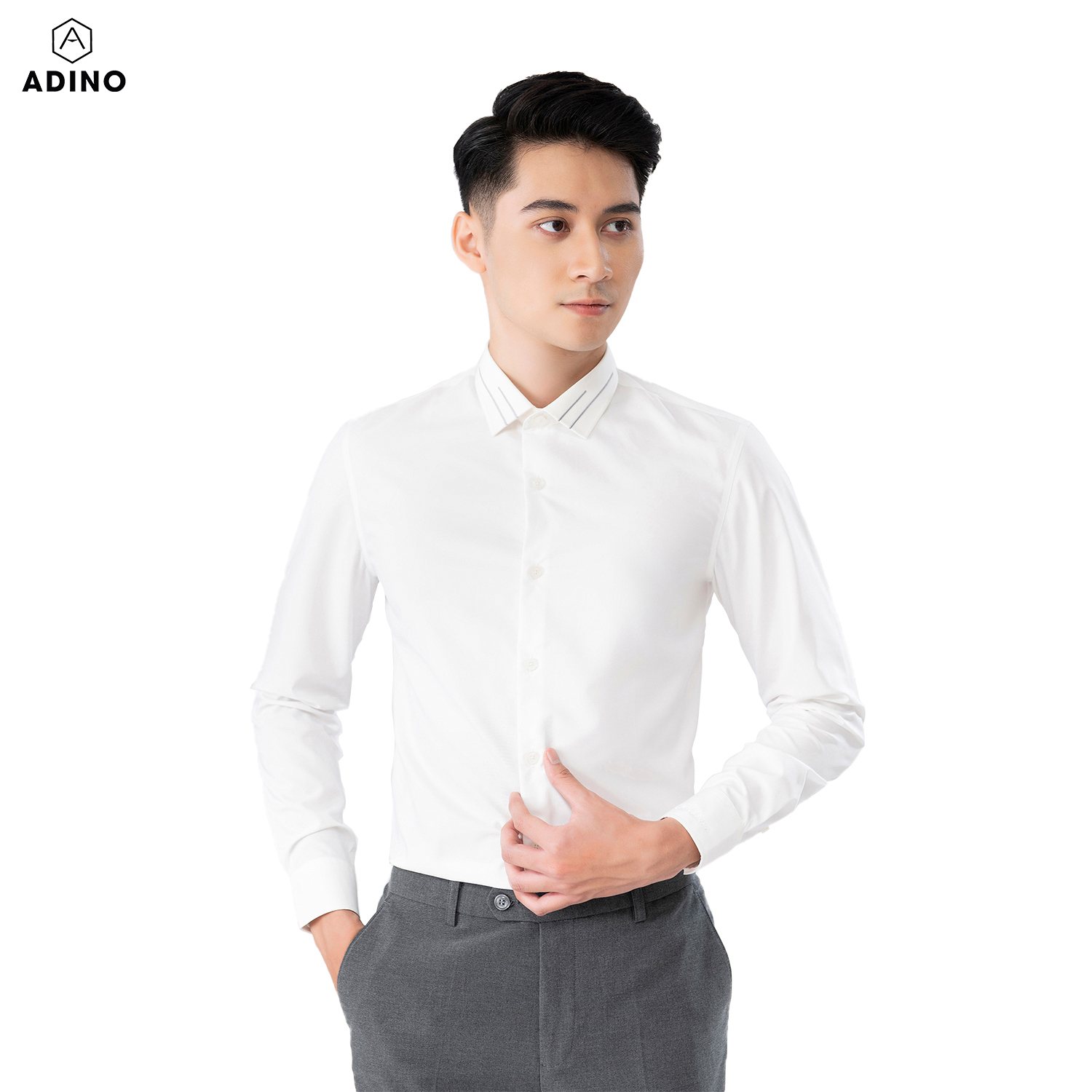 Áo sơ mi nam tay dài ADINO màu trắng kem hoạ tiết thêu cổ vải sợi sồi modal dáng slimfit trẻ trung S149